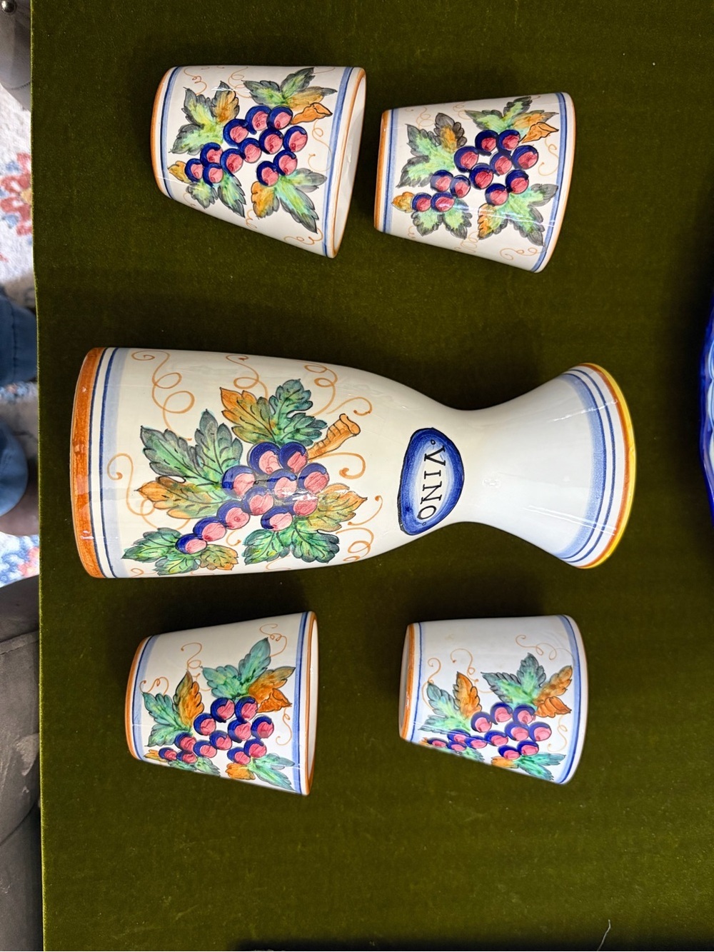 Deruta Hand-Painted Ceramic Wine Carafe Set with Grape Motif Italy